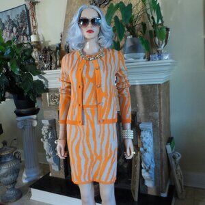 New Toccin NY Orange/Beige Zebra Print Knit Three Piece Skirt Suit SIze S/M